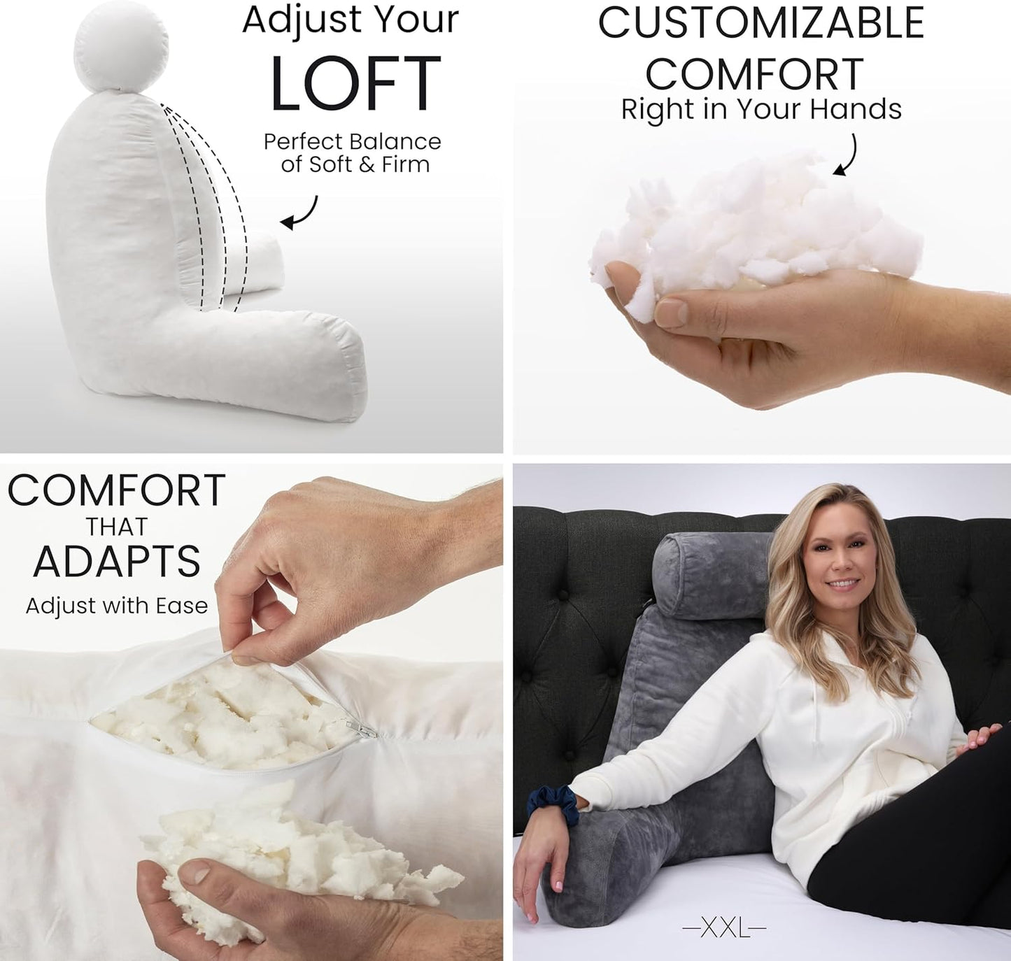Kaymarli XX-Large Reading Pillow with Arms and Neck Roll, Shredded Memory Foam Bed Rest Pillow with Removable Cover and Side Pockets, Grey