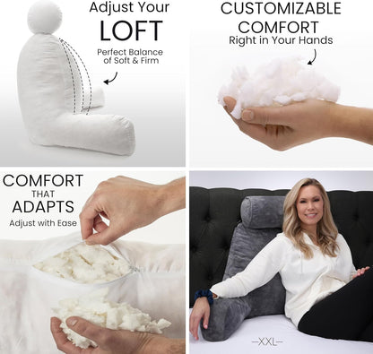 Kaymarli XX-Large Reading Pillow with Arms and Neck Roll, Shredded Memory Foam Bed Rest Pillow with Removable Cover and Side Pockets, Grey