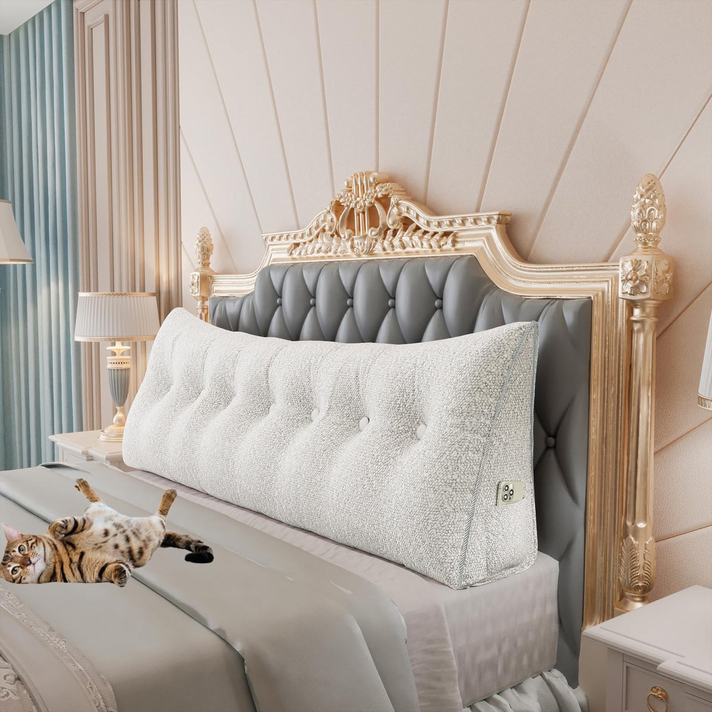 Kaymarli Queen Size Wedge Headboard Pillow with Side Pockets, Velvet Back Support Reading Pillow with Removable Washable Cover