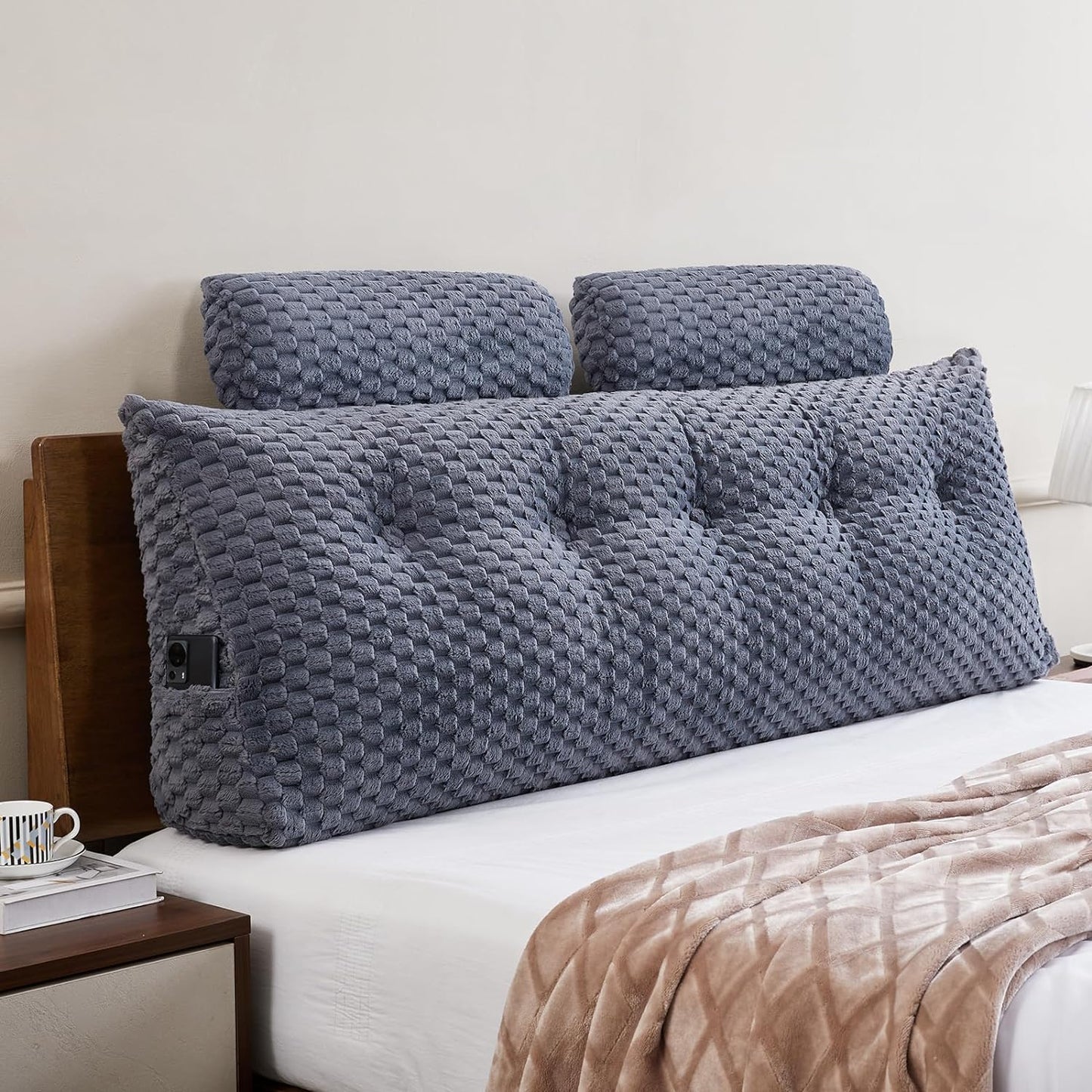 Kaymarli Queen Size Wedge Headboard Pillow Set with 2 Roll Pillows, Velvet Back Support Reading Pillow with Removable Washable Cover