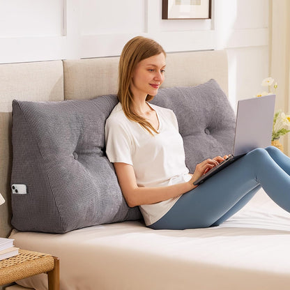 Kaymarli Queen Size Wedge Headboard Pillow with Side Pockets, Tufted Back Support Reading Pillow with Removable Washable Cover
