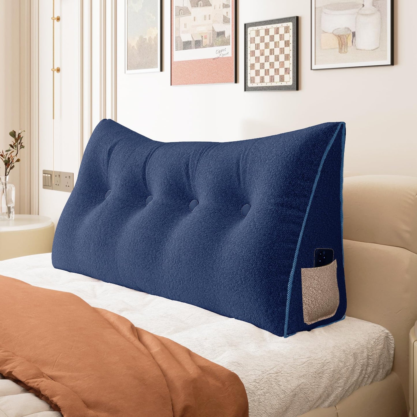 Kaymarli Queen Size Wedge Headboard Pillow with Side Pockets, Velvet Back Support Reading Pillow with Removable Washable Cover