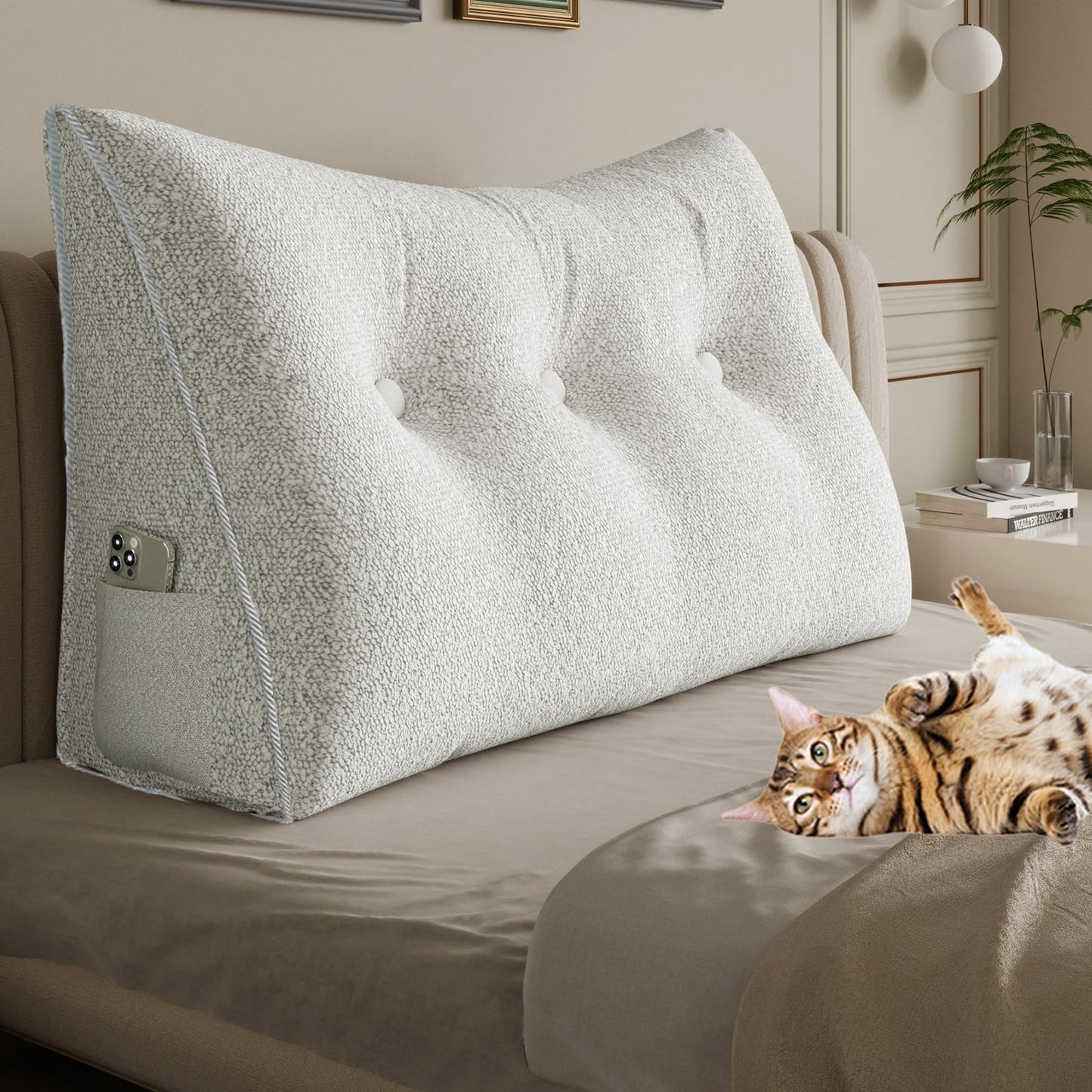 Kaymarli Queen Size Wedge Headboard Pillow with Side Pockets, Velvet Back Support Reading Pillow with Removable Washable Cover