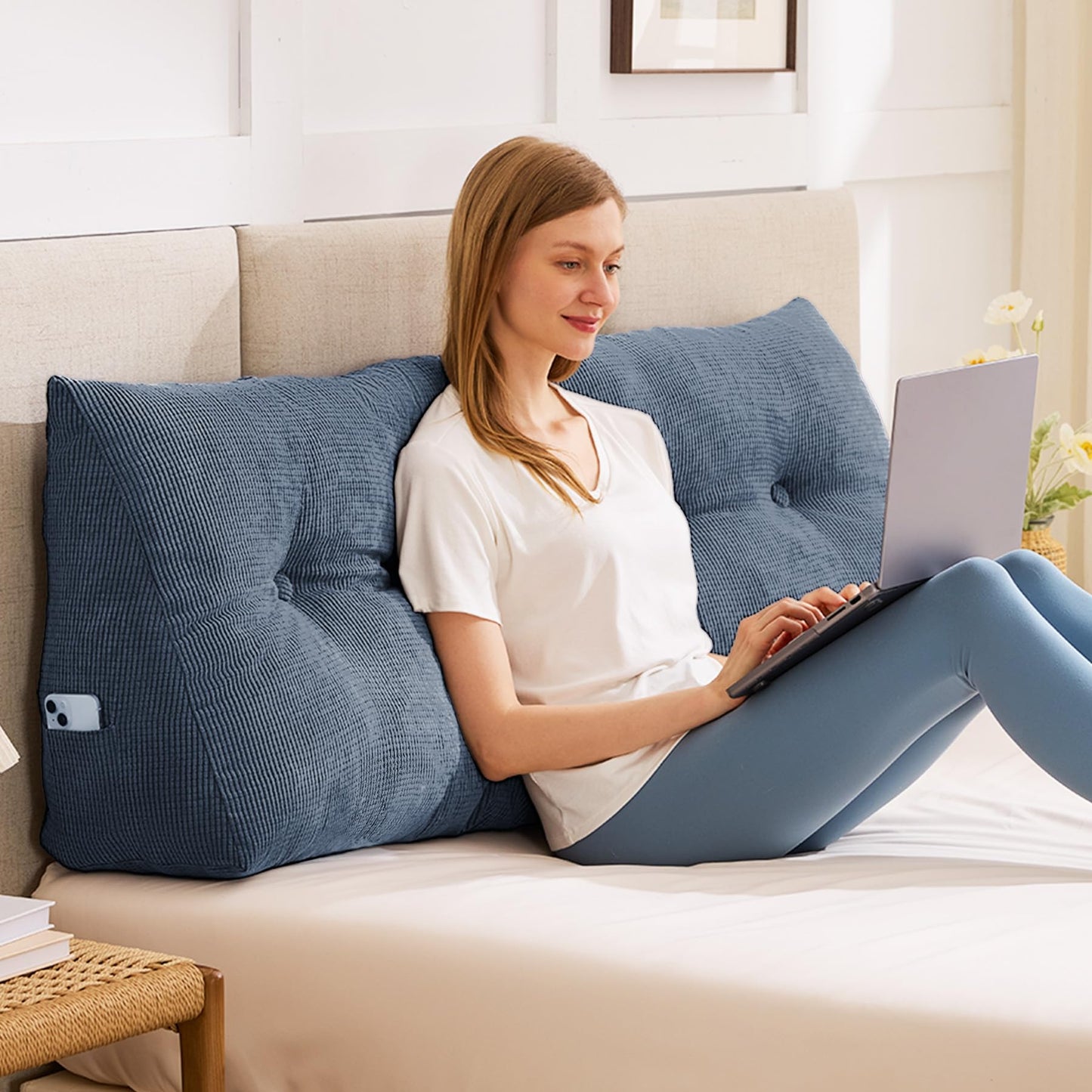 Kaymarli Queen Size Wedge Headboard Pillow with Side Pockets, Tufted Back Support Reading Pillow with Removable Washable Cover