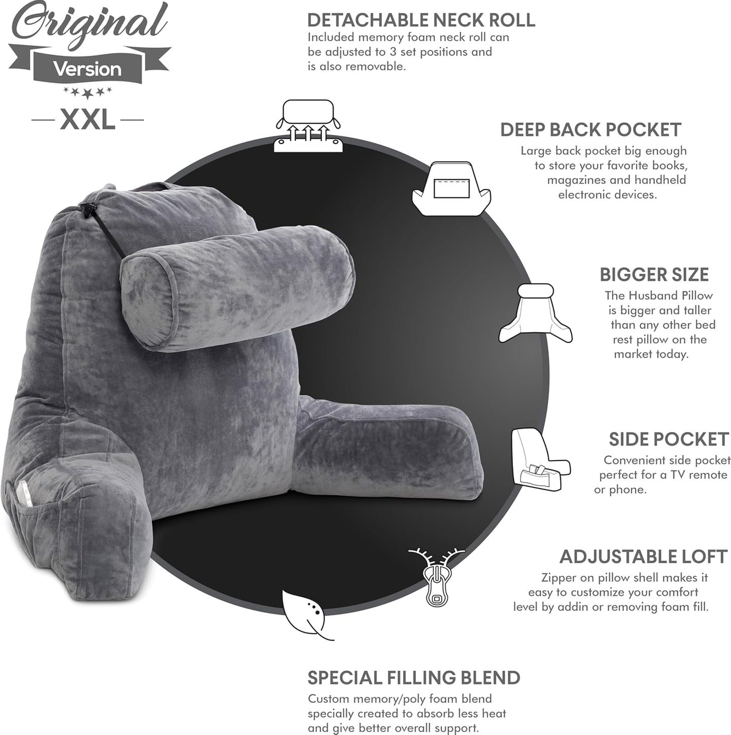 Kaymarli XX-Large Reading Pillow with Arms and Neck Roll, Shredded Memory Foam Bed Rest Pillow with Removable Cover and Side Pockets, Grey