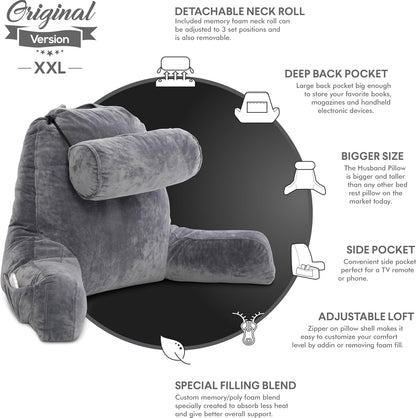 Kaymarli XX-Large Reading Pillow with Arms and Neck Roll, Shredded Memory Foam Bed Rest Pillow with Removable Cover and Side Pockets, Grey