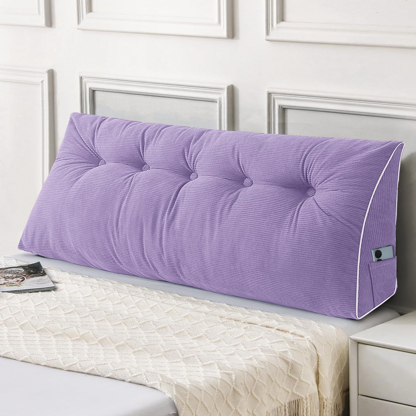 Kaymarli Queen Size Wedge Headboard Pillow Set with 2 Bolster Pillows, Velvet Back Support Reading Pillow with Removable Washable Cover