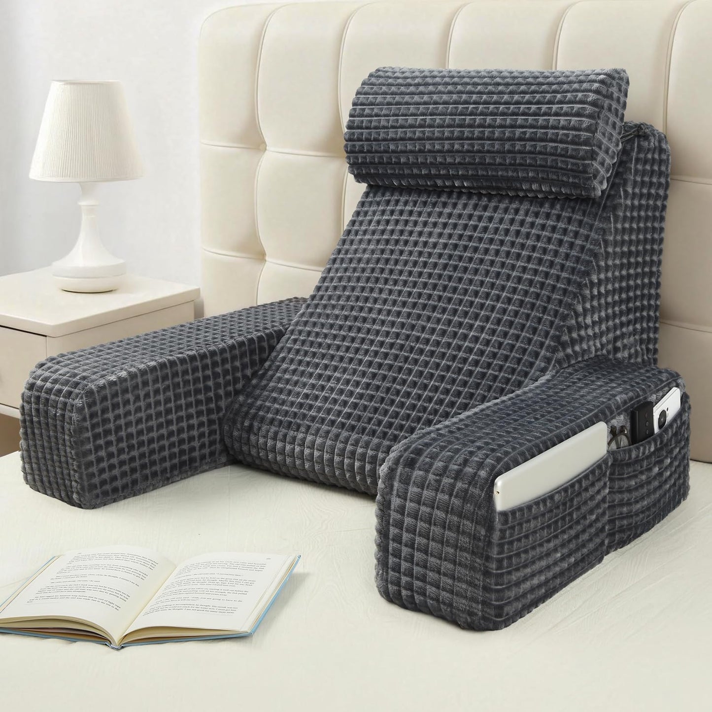 Kaymarli 19-Inch Wedge Reading Pillow with Removable Arms, Bed Rest Back Support Pillow with Side Pockets