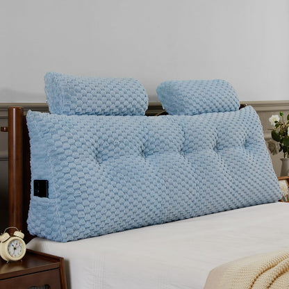 Kaymarli Queen Size Wedge Headboard Pillow Set with 2 Roll Pillows, Velvet Back Support Reading Pillow with Removable Washable Cover