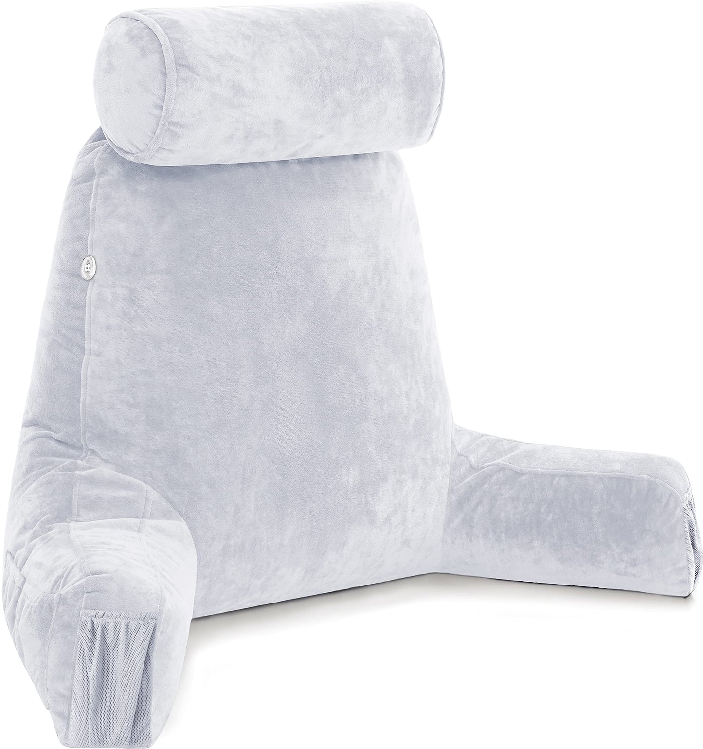 Kaymarli XX-Large Reading Pillow with Arms and Neck Roll, Shredded Memory Foam Bed Rest Pillow with Removable Cover and Side Pockets, Grey