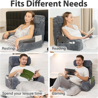 Kaymarli 60-Degree Wedge Reading Pillow with Faux Fur Cover, Side Pockets and Portable Handle, XL Bed Rest Back Support Pillow