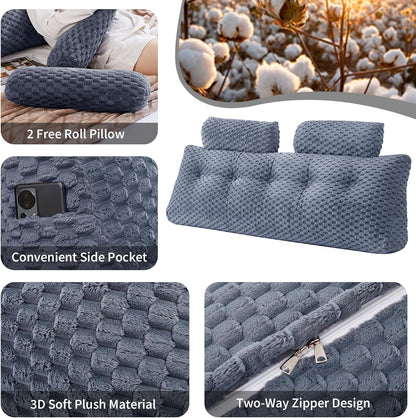 Kaymarli Queen Size Wedge Headboard Pillow Set with 2 Roll Pillows, Velvet Back Support Reading Pillow with Removable Washable Cover