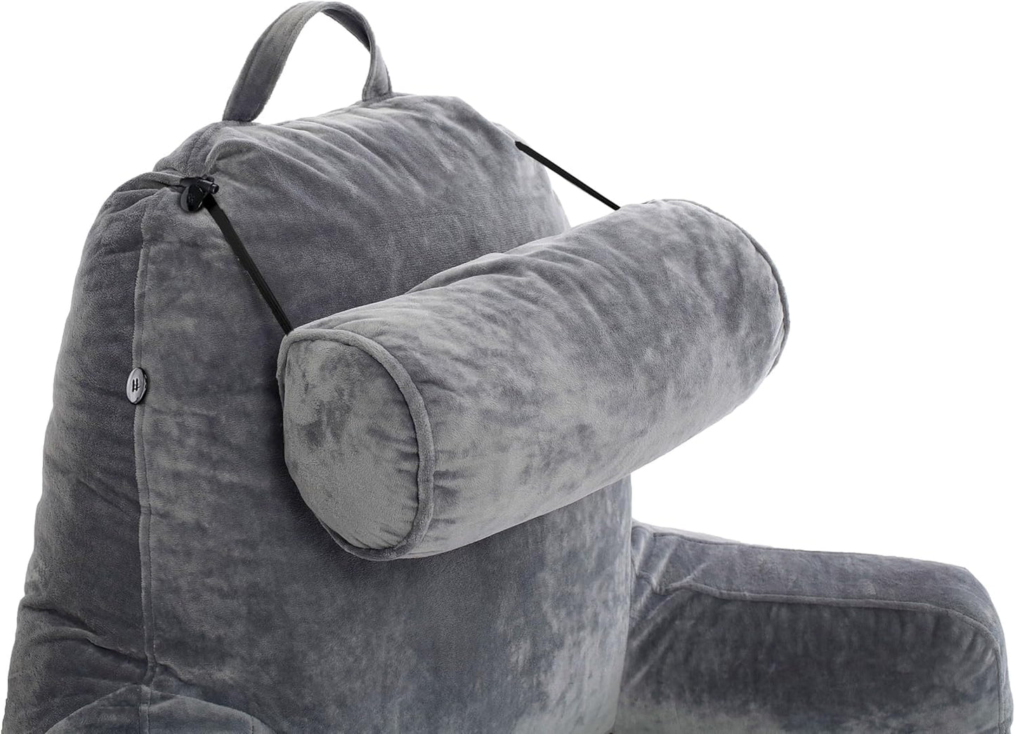 Kaymarli XX-Large Reading Pillow with Arms and Neck Roll, Shredded Memory Foam Bed Rest Pillow with Removable Cover and Side Pockets, Grey
