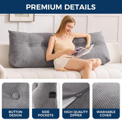 Kaymarli Queen Size Wedge Headboard Pillow with Side Pockets, Tufted Back Support Reading Pillow with Removable Washable Cover