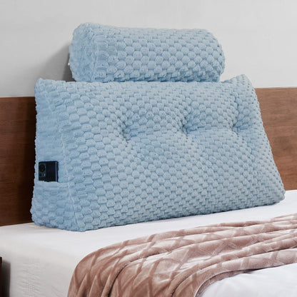 Kaymarli Queen Size Wedge Headboard Pillow Set with 2 Roll Pillows, Velvet Back Support Reading Pillow with Removable Washable Cover