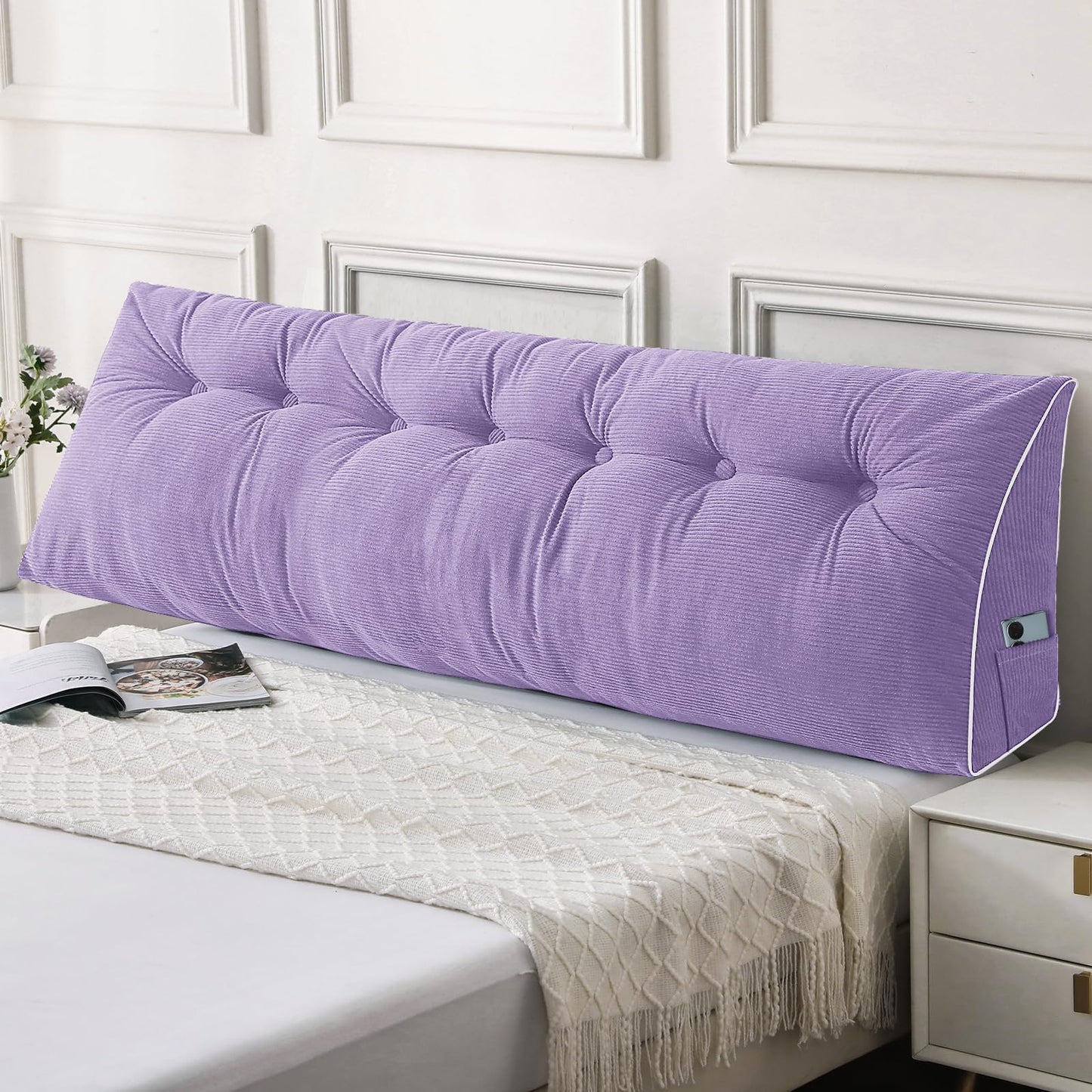 Kaymarli Queen Size Wedge Headboard Pillow Set with 2 Bolster Pillows, Velvet Back Support Reading Pillow with Removable Washable Cover