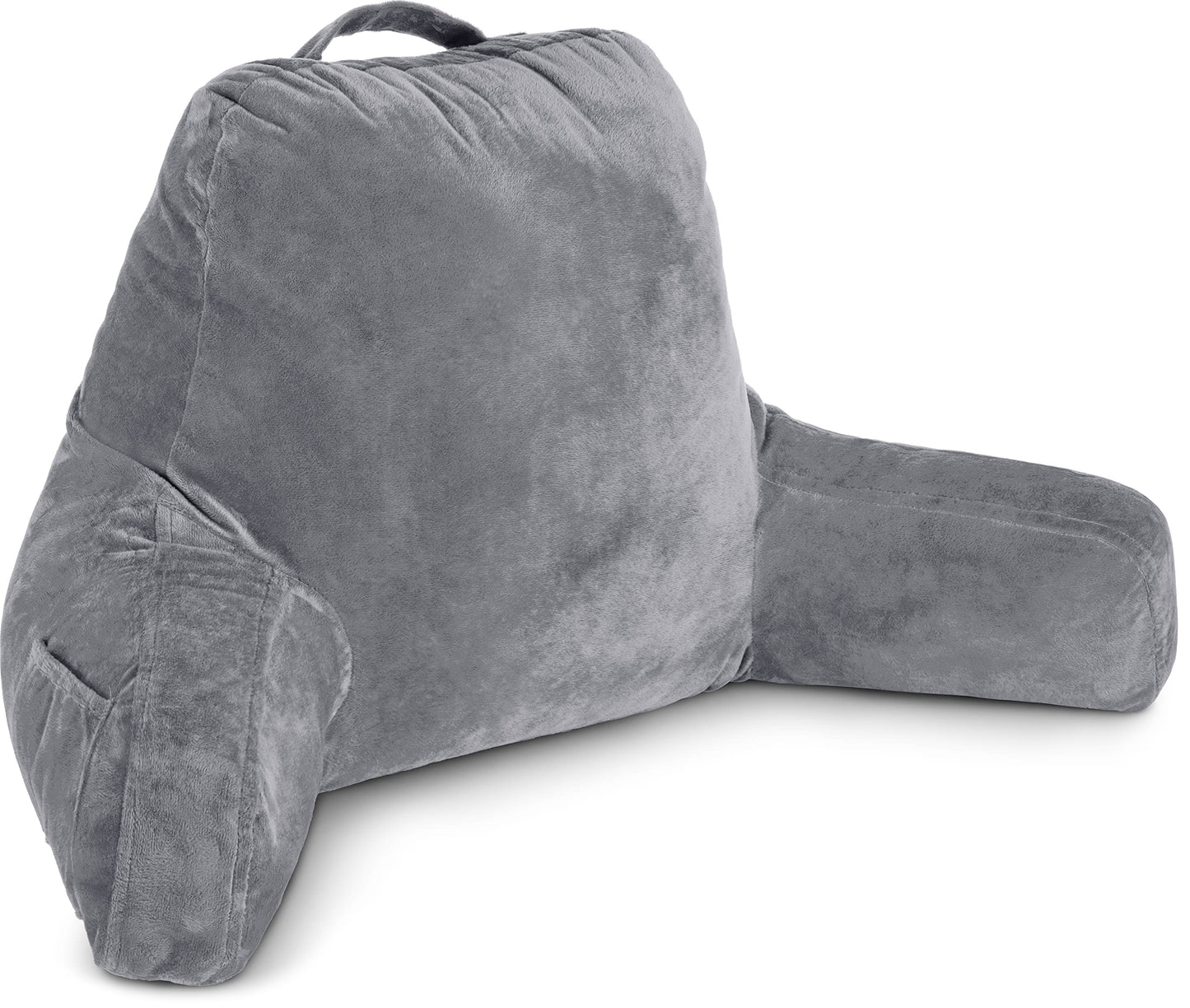 Kaymarli XX-Large Reading Pillow with Arms and Neck Roll, Shredded Memory Foam Bed Rest Pillow with Removable Cover and Side Pockets, Grey