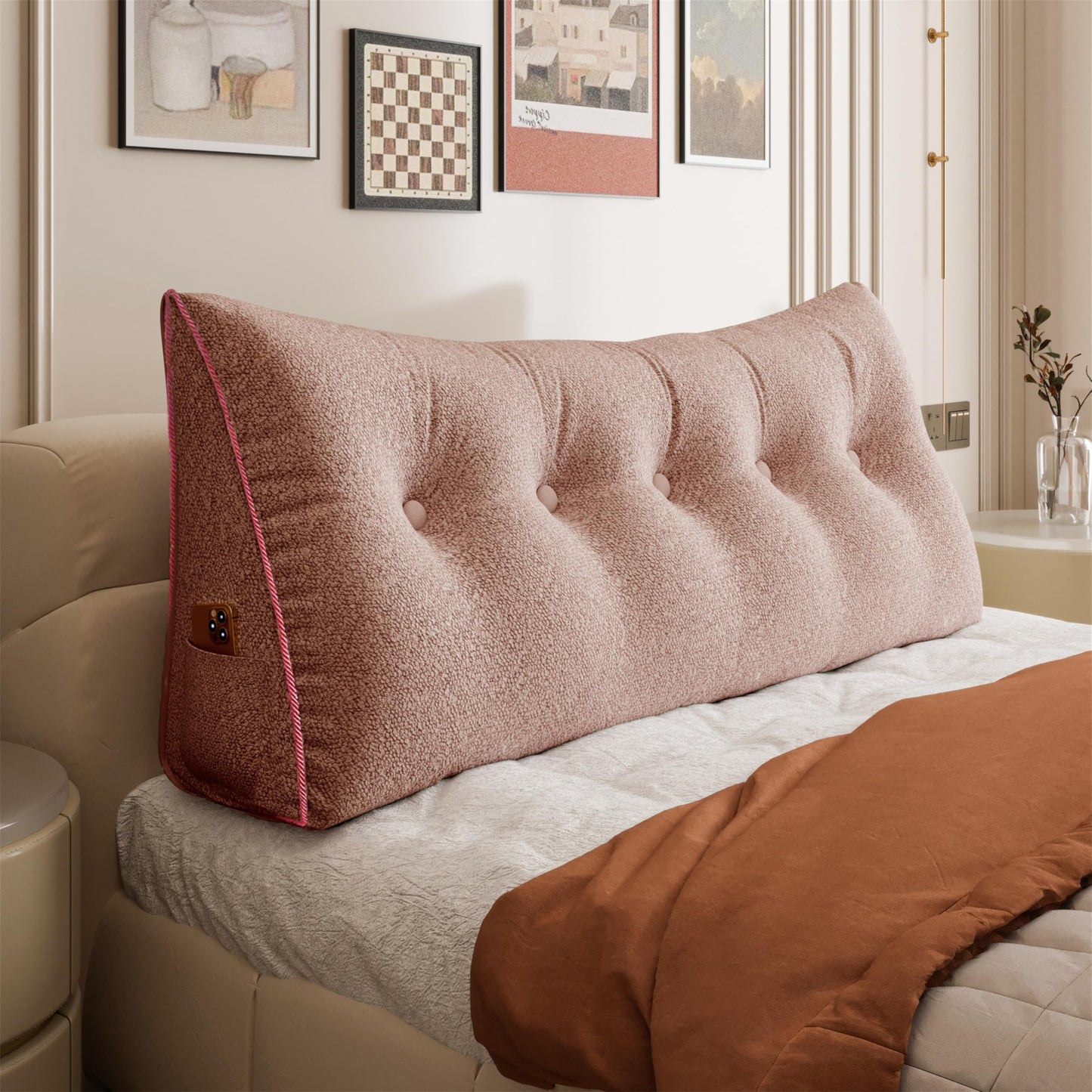 Kaymarli Queen Size Wedge Headboard Pillow with Side Pockets, Velvet Back Support Reading Pillow with Removable Washable Cover