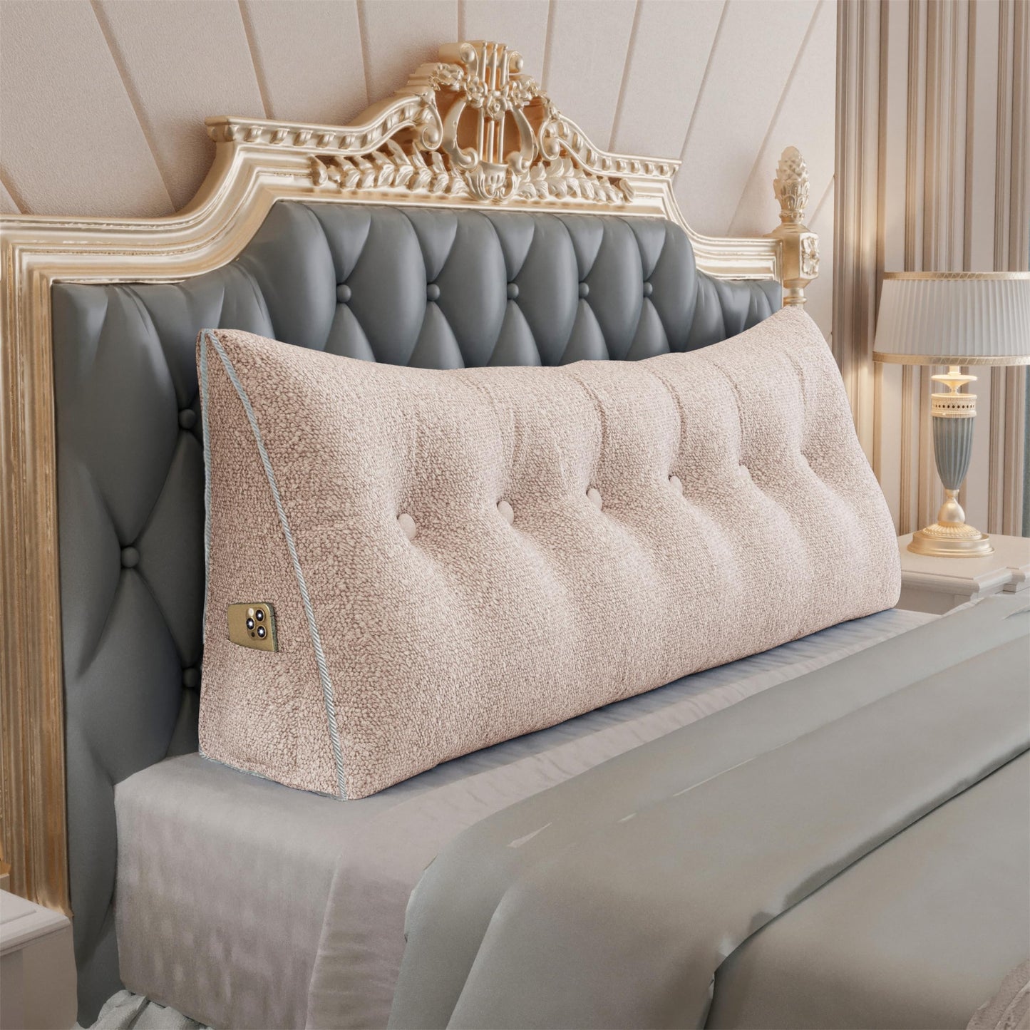 Kaymarli Queen Size Wedge Headboard Pillow with Side Pockets, Velvet Back Support Reading Pillow with Removable Washable Cover