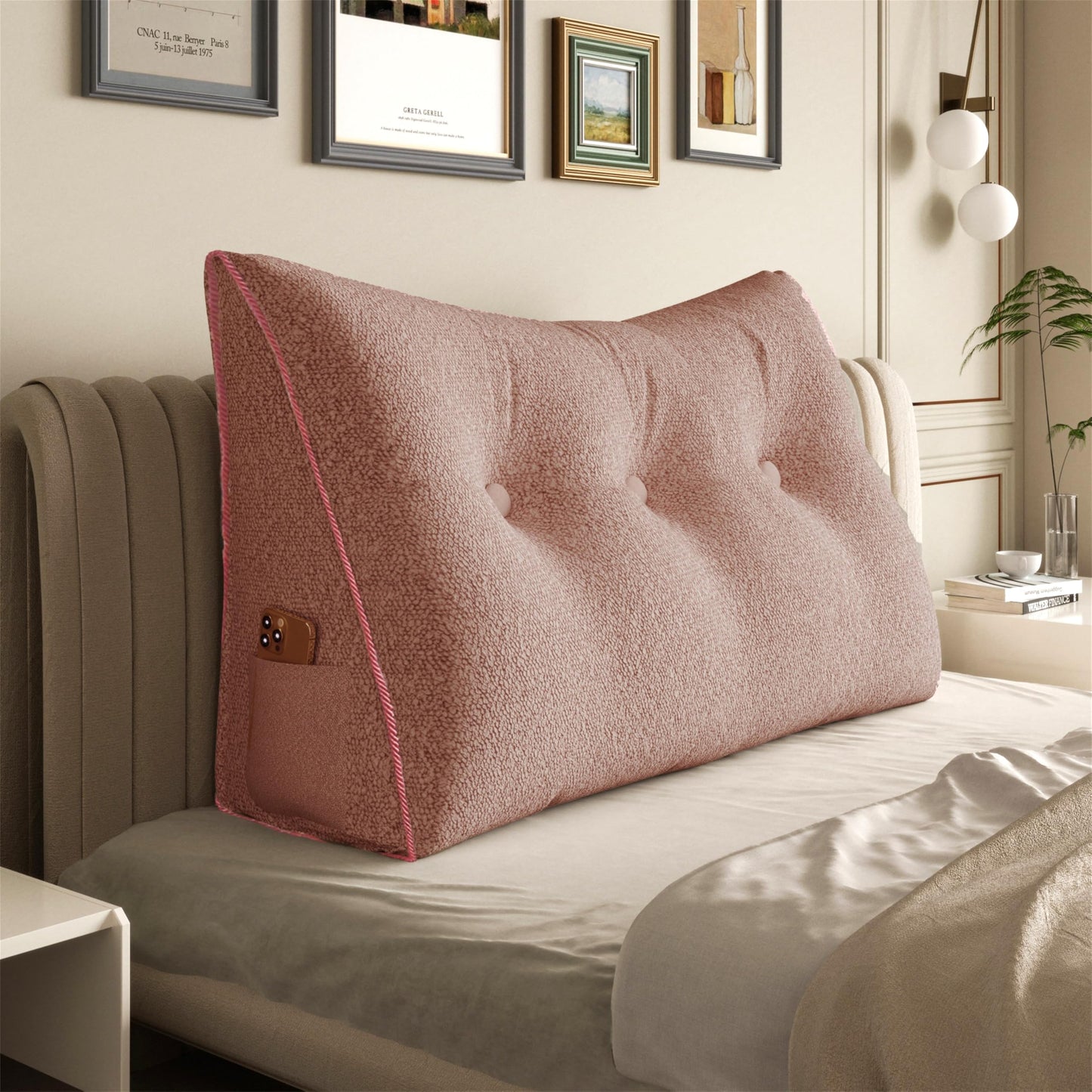Kaymarli Queen Size Wedge Headboard Pillow with Side Pockets, Velvet Back Support Reading Pillow with Removable Washable Cover