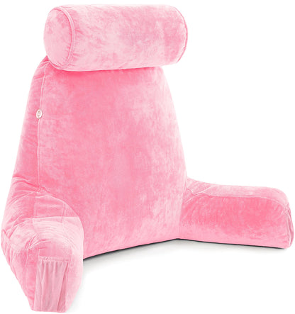 Kaymarli XX-Large Reading Pillow with Arms and Neck Roll, Shredded Memory Foam Bed Rest Pillow with Removable Cover and Side Pockets, Grey