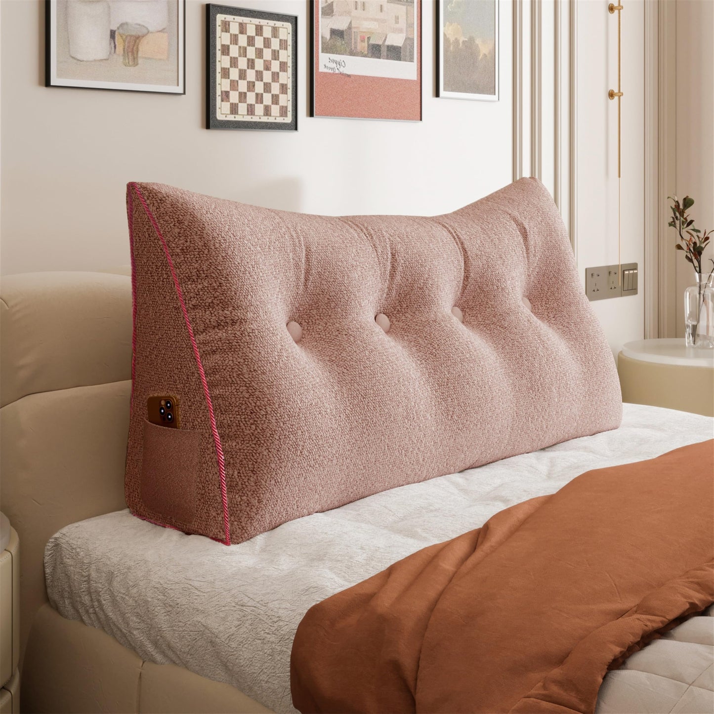 Kaymarli Queen Size Wedge Headboard Pillow with Side Pockets, Velvet Back Support Reading Pillow with Removable Washable Cover