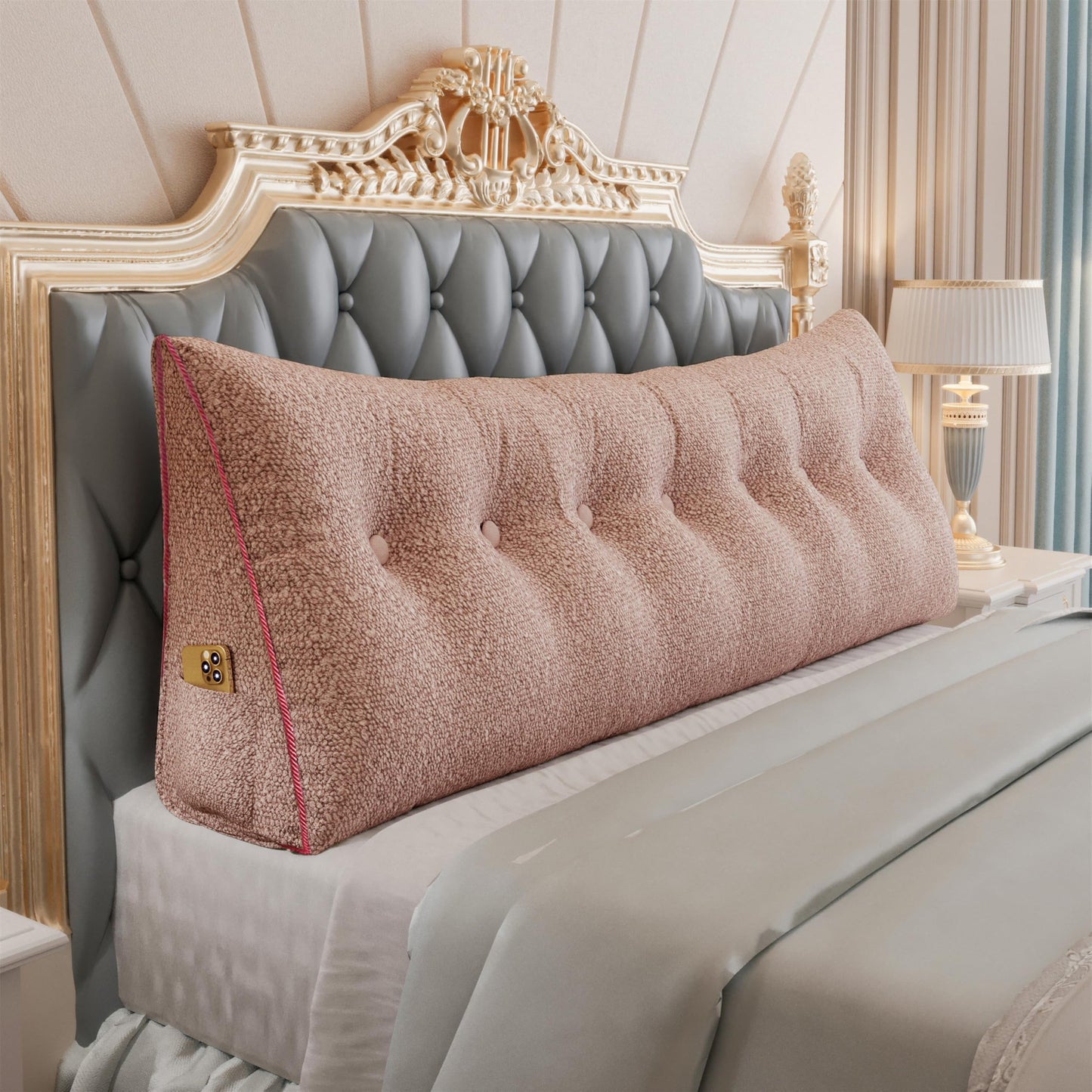 Kaymarli Queen Size Wedge Headboard Pillow with Side Pockets, Velvet Back Support Reading Pillow with Removable Washable Cover