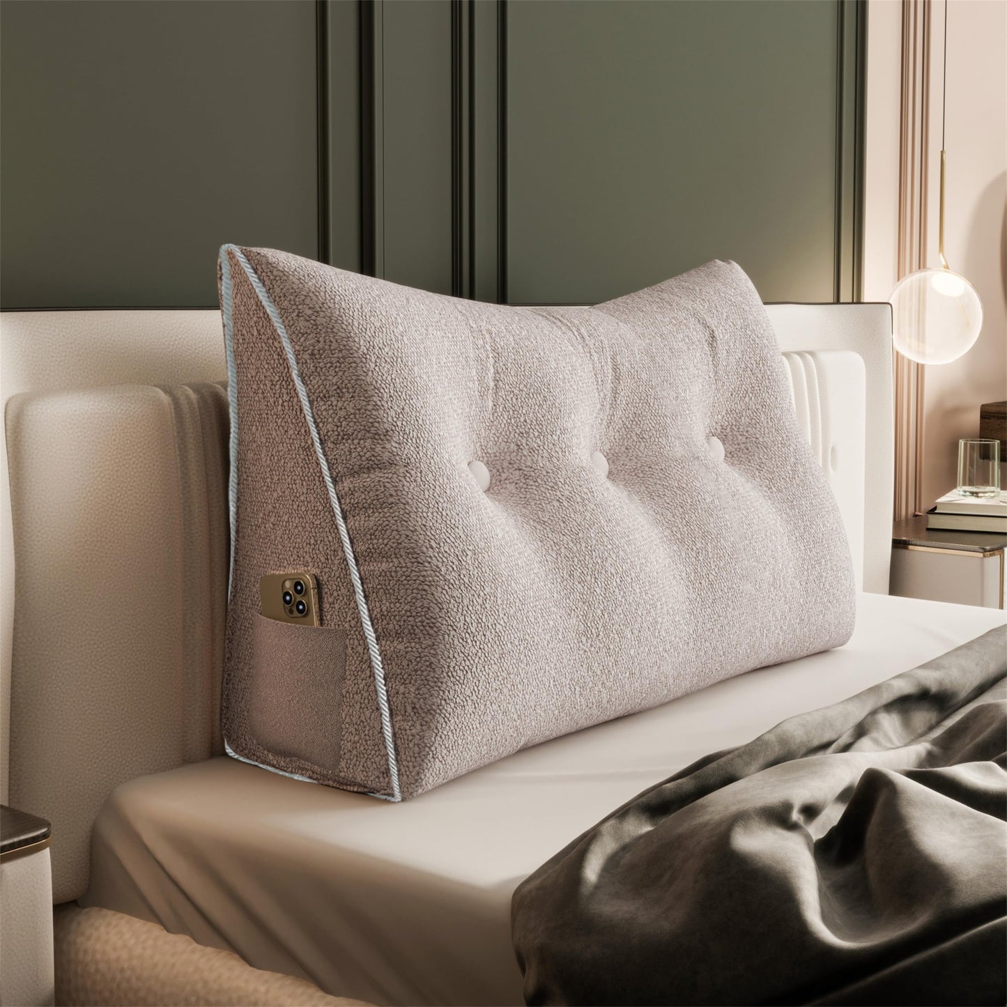 Kaymarli Queen Size Wedge Headboard Pillow with Side Pockets, Velvet Back Support Reading Pillow with Removable Washable Cover