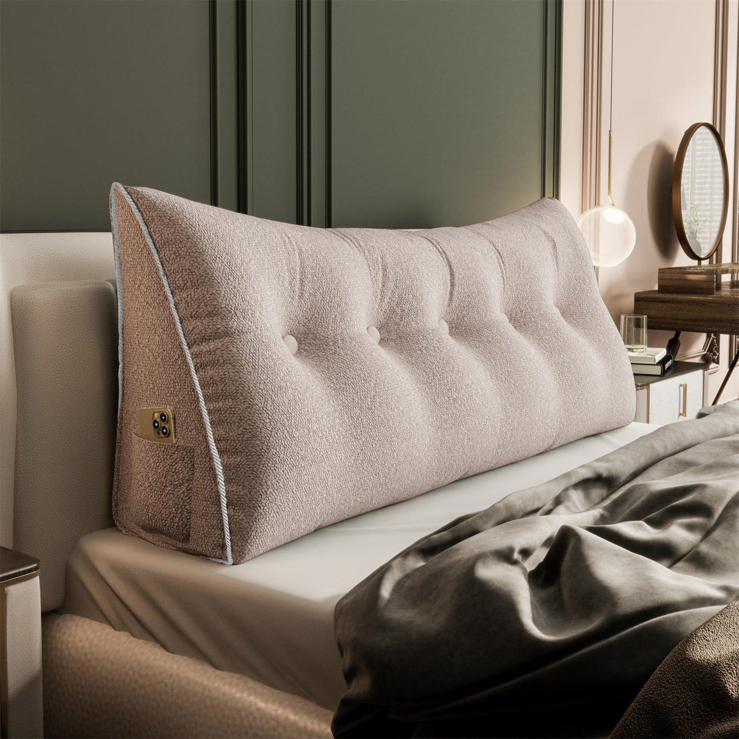 Kaymarli Queen Size Wedge Headboard Pillow with Side Pockets, Velvet Back Support Reading Pillow with Removable Washable Cover