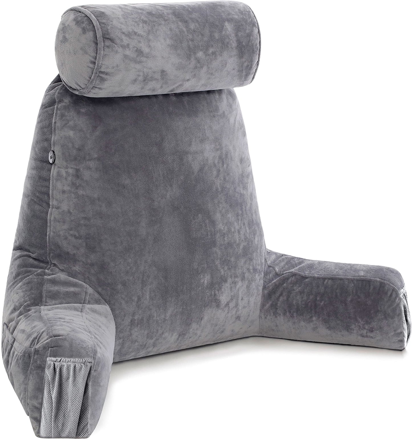 Kaymarli XX-Large Reading Pillow with Arms and Neck Roll, Shredded Memory Foam Bed Rest Pillow with Removable Cover and Side Pockets, Grey