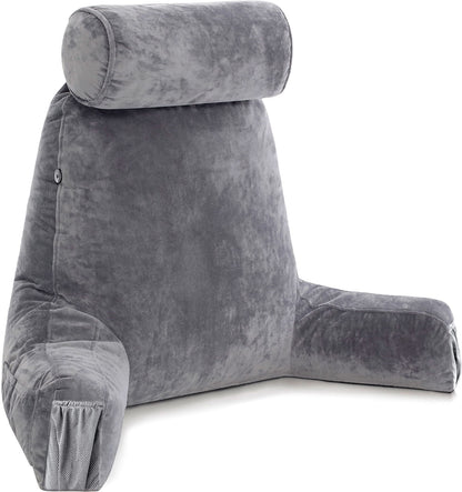 Kaymarli XX-Large Reading Pillow with Arms and Neck Roll, Shredded Memory Foam Bed Rest Pillow with Removable Cover and Side Pockets, Grey