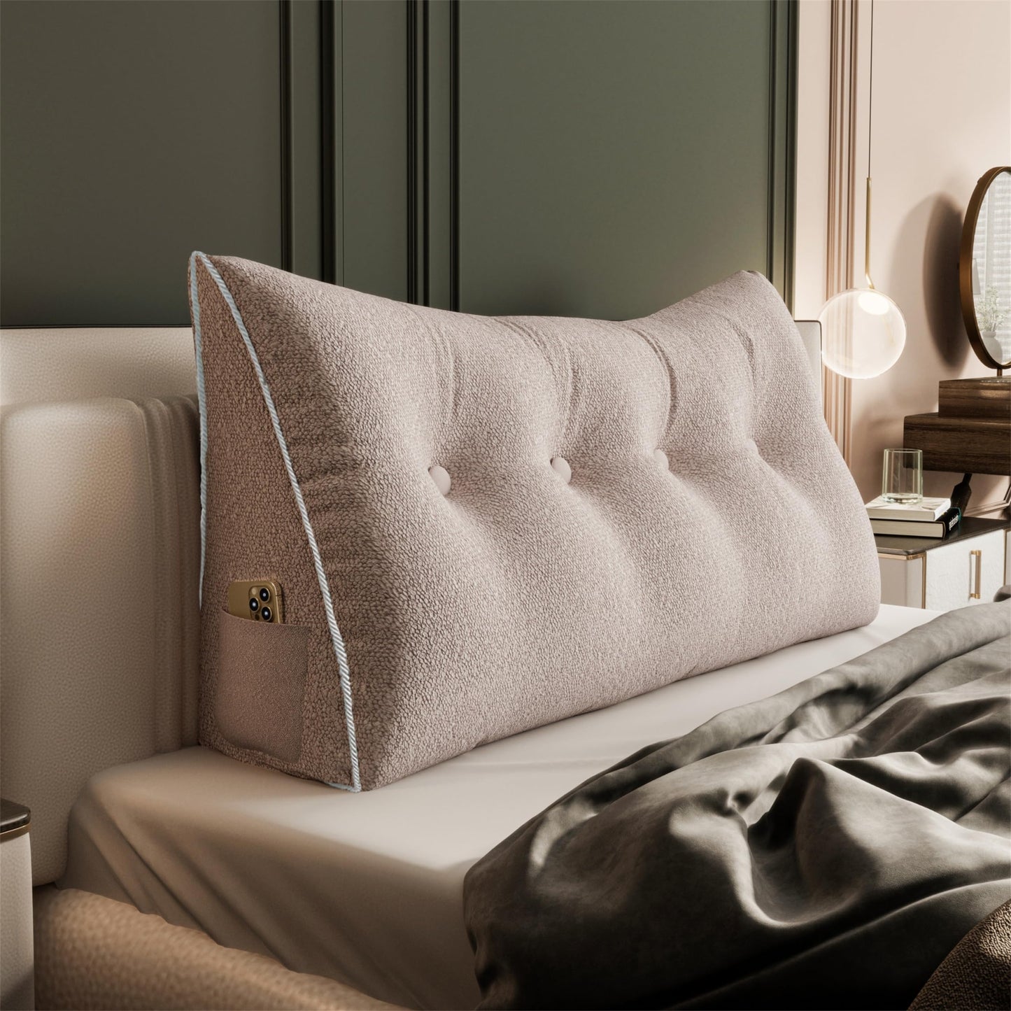 Kaymarli Queen Size Wedge Headboard Pillow with Side Pockets, Velvet Back Support Reading Pillow with Removable Washable Cover