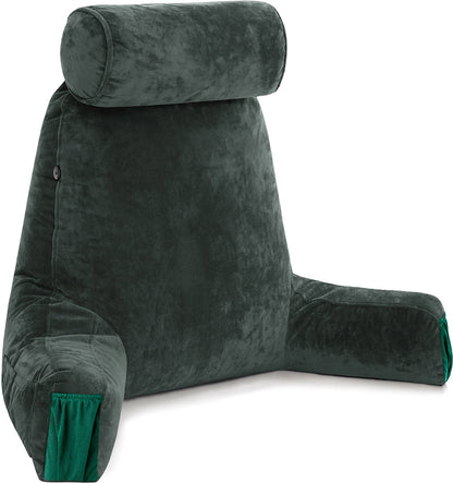 Kaymarli XX-Large Reading Pillow with Arms and Neck Roll, Shredded Memory Foam Bed Rest Pillow with Removable Cover and Side Pockets, Grey