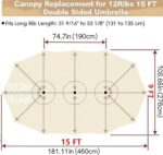 15 ft Replacement Canopy, 12-Rib Polyester Top Cover for Double-Sided Patio Umbrellas - Khaki