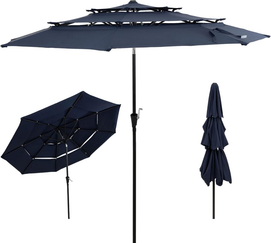 10 ft 3-Tier Solar LED Patio Umbrella, Vented Polyester Market Umbrella with Crank Tilt - Without Lights