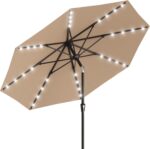 Rectangular Solar LED Patio Umbrella, 16-Light Vented Canopy with Crank Tilt - Cream-White / 12 Ft