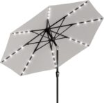 Rectangular Solar LED Patio Umbrella, 16-Light Vented Canopy with Crank Tilt - Cream-White / 9 Ft