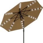 Rectangular Solar LED Patio Umbrella, 16-Light Vented Canopy with Crank Tilt - Khaki / 8 X 10 Ft