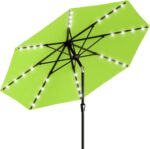 Rectangular Solar LED Patio Umbrella, 16-Light Vented Canopy with Crank Tilt - Dark Green / 9 Ft