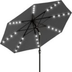 Rectangular Solar LED Patio Umbrella, 16-Light Vented Canopy with Crank Tilt - Black & White Stripe / 9 Ft