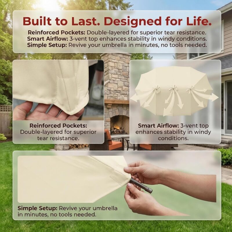 15 ft Replacement Canopy, 12-Rib Polyester Top Cover for Double-Sided Patio Umbrellas - Green