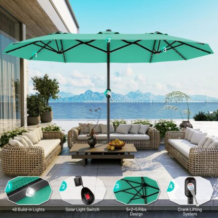 13 ft Solar LED Double-Sided Patio Umbrella, 6.5 x 13 ft Rectangular Canopy with Crank - Orange / 6.5x13 Ft