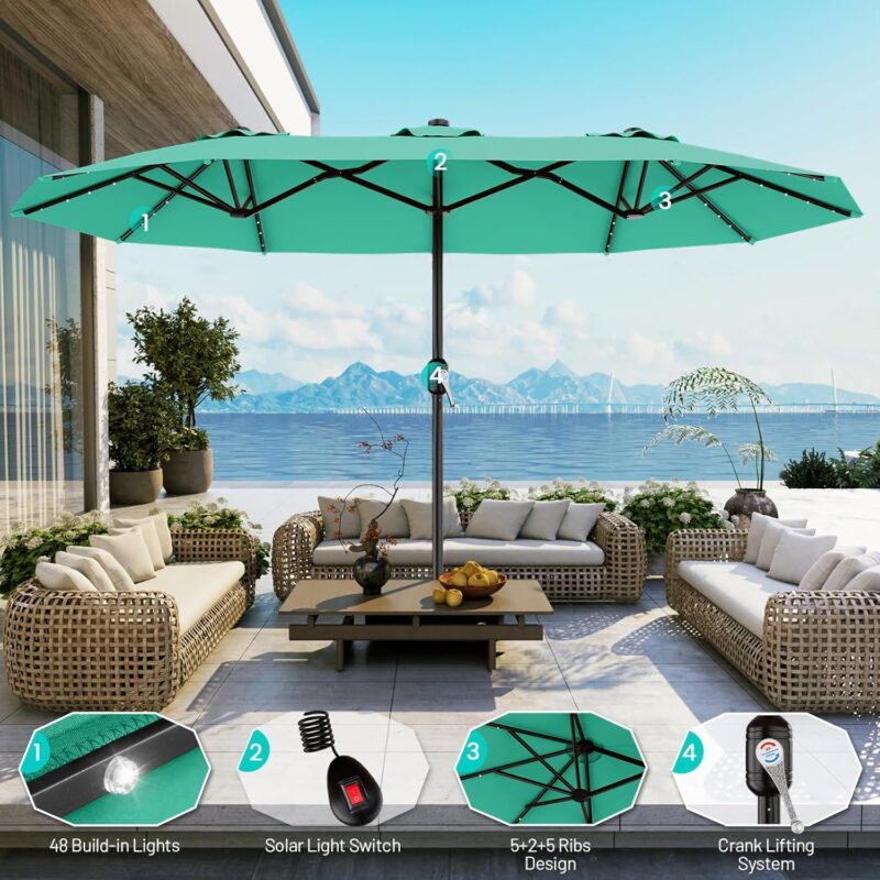 13 ft Solar LED Double-Sided Patio Umbrella, 6.5 x 13 ft Rectangular Canopy with Crank - Orange / 6.5x13 Ft