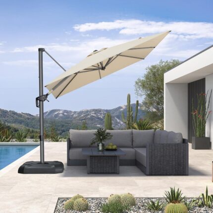 Square Cantilever Patio Umbrella, 360-Degree Rotating Offset Umbrella with Aluminum Frame - Beige / 9' X 9' / Left-right Tilt