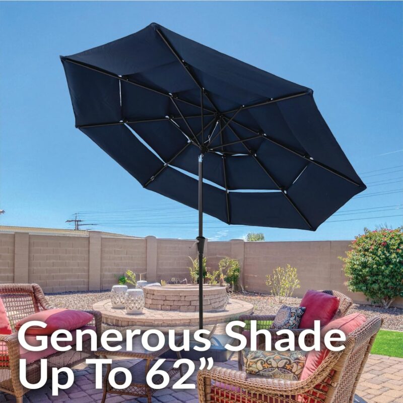 10 ft 3-Tier Solar LED Patio Umbrella, Vented Polyester Market Umbrella with Crank Tilt - With Solar Lights