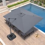 Square Cantilever Patio Umbrella, 360-Degree Rotating Offset Umbrella with Aluminum Frame - Navy Blue / 10' X 10' / Left-right Tilt（LED）