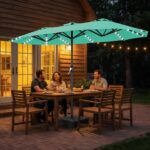 13 ft Solar LED Double-Sided Patio Umbrella, 6.5 x 13 ft Rectangular Canopy with Crank - Beige / 6.5x13 Ft