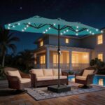13 ft Solar LED Double-Sided Patio Umbrella, 6.5 x 13 ft Rectangular Canopy with Crank