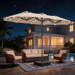 13 ft Solar LED Double-Sided Patio Umbrella, 6.5 x 13 ft Rectangular Canopy with Crank