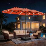 13 ft Solar LED Double-Sided Patio Umbrella, 6.5 x 13 ft Rectangular Canopy with Crank